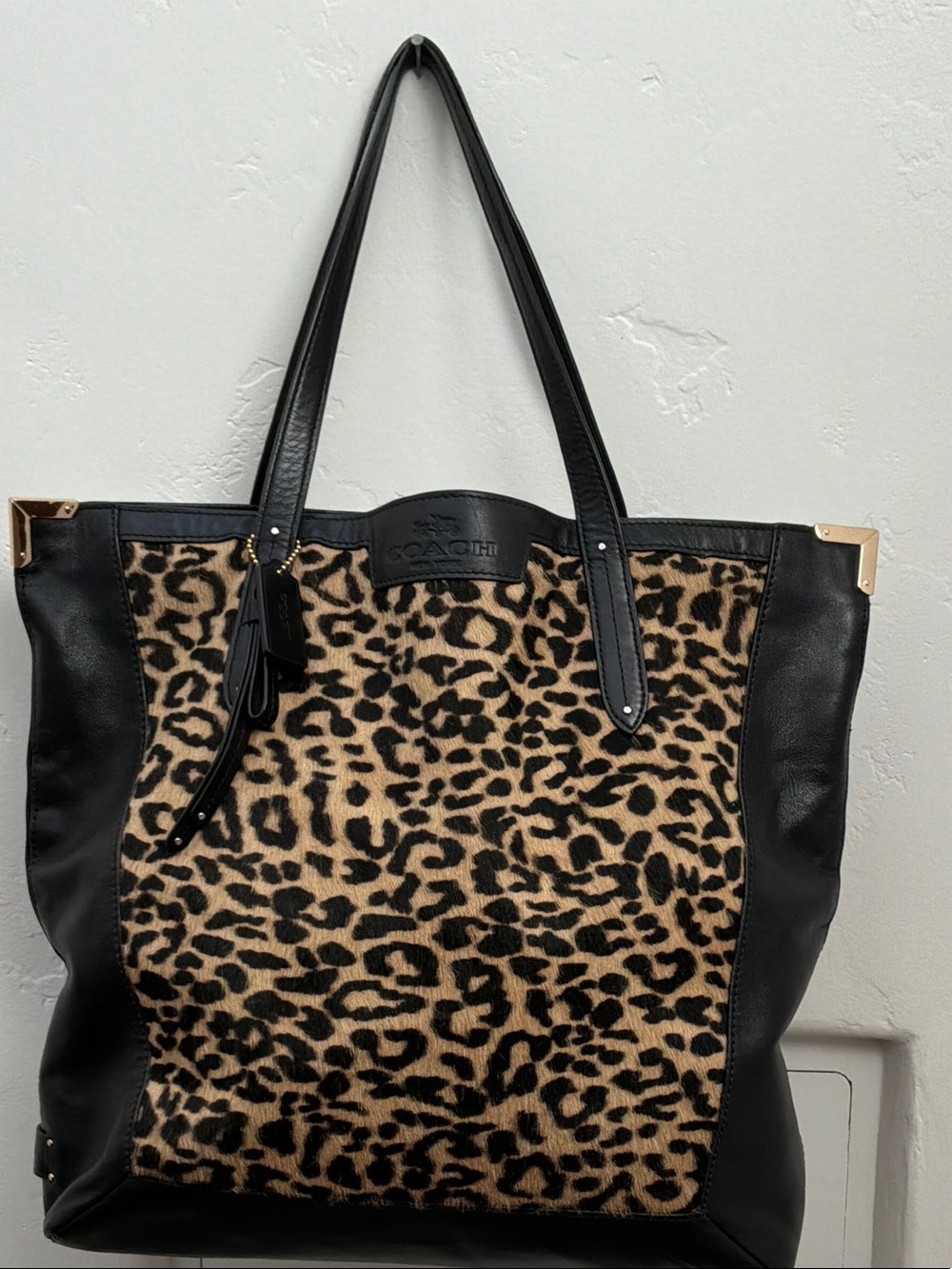 Coach Leopard-Print Leather Tote in Black and Tan
